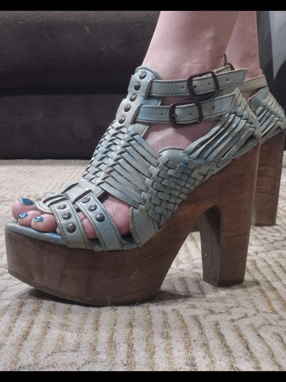 Bed Stu Light Blue Woven Leather Platform Sandals with Stud Accents